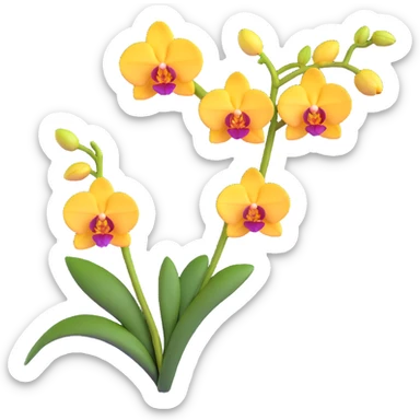 Realistic single orchid stem with multiple flowers arranged along one elegant arching stalk with green leaves sticker