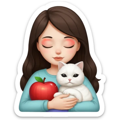 brunette girl cuddling a white Persian cat in her arms, both with closed eyes, apple emoji style sticker