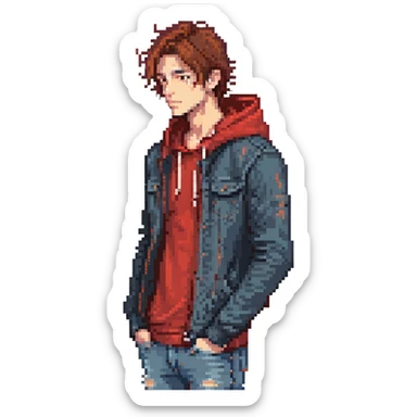 Pixel art character, young man with dark jacket, red hoodie, brown messy hair, jeans, scar on left eyebrow, confident face, retro arcade sprite style, side view sticker