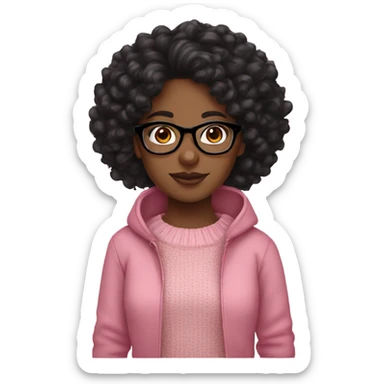 Black girl,curly black hair,glasses,brown eyes,pink sweater sticker