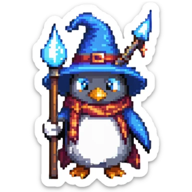 penguin wizard with a pointy hat and magic staff sticker
