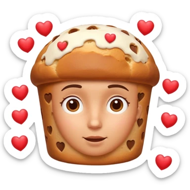 Apple-style emoji illustration of a person with dreamy eyes thinking of a traditional panettone, small hearts floating around, soft 3D emoji style, smooth gradients, rounded shapes, warm festive colors, simple expression, centered composition, transparent background, no text. sticker