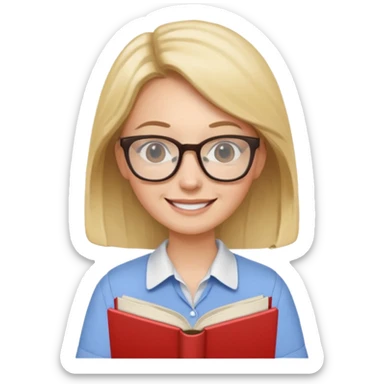 female English teacher with glasses and wearing a shirt, holding an English book sticker