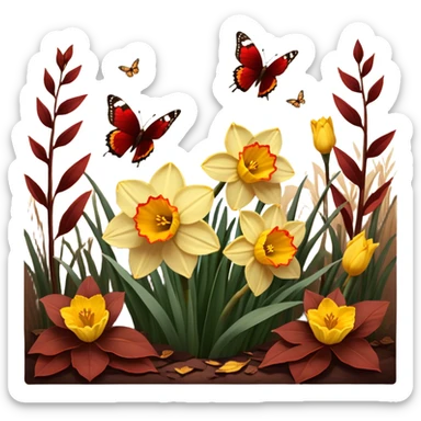 Golden daffodils bloom among deep brown-red leaves, while delicate brown butterflies flutter nearby. Warm sunlight casts a vintage glow over the scene. sticker