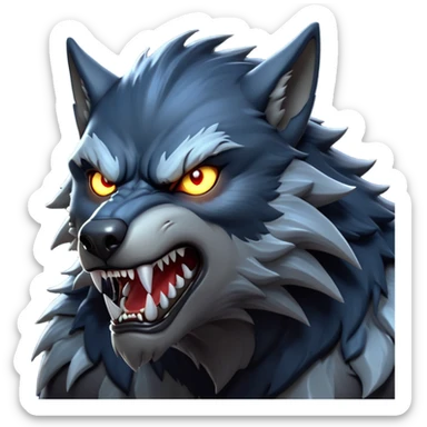 cinematic-noble-fierce-werewolf-head-close-up-emoji, poised-and-imposing, with a fierce wolfish face featuring glowing eyes full of primal ferocity, sharp, elongated fangs and a rugged snout, fur rippling in shades of midnight black and silver, muscles tensed and hunched over in an intense, threatening stance; rendered with realism, capturing the raw, untamed power of the beast beneath the moonlit sky sticker