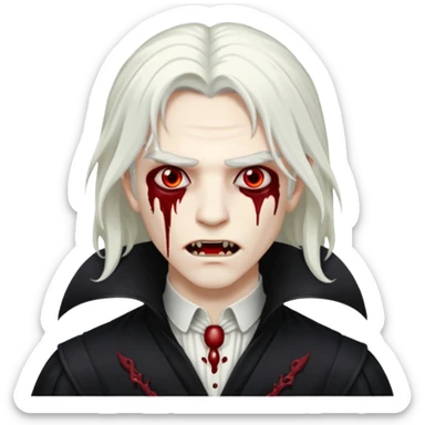 Creat a young man Vampire that have long white hair and white skin and full black eyes and bloody mouth and full black outfit  sticker