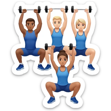Group at gym, trainers in blue shirts, others in varied gymwear, lifting weights and stretching – strong and focused vibe sticker