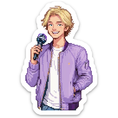 Pixel art style, expressive male performer, Caucasian features, short sandy blonde hair, lively eyes, wide cheerful smile, wearing a violet jacket over white tee, tossing a microphone in one hand, waist-up, front-facing sticker