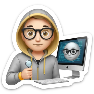 A stylized 3D emoji icon of a web developer character, wearing a hoodie and glasses. They are holding a glowing magnifying glass up to a computer screen filled with lines of HTML code and a search bar. sticker