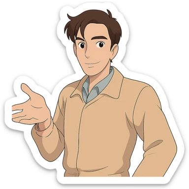 Make the man just a little bit skinnier, but keep his original handsome face, hairstyle, and friendly expression in Ghibli style. Remove the background. sticker