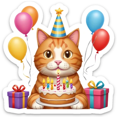 Ginger tabby cat celebrating birthday, birthday hat, birthday cake, balloons, happy, gifts sticker