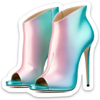 Realistic isolated top front view of a pair of metalliic tiffany blue to pastel pink ombre Jimmy Choo peep toe stiletto ankle booties. sticker