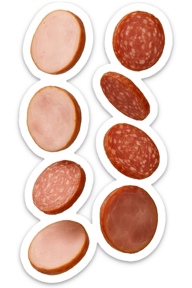 fettine di prosciutto cotto e di salame fluttuano in aria verticalmente, IPERREALISTICA 4K sticker