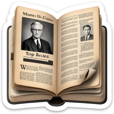 Icon for Non-Fiction & Narrative Reading: an open book with black-and-white photos on the pages, surrounded by a pile of newspaper clippings, and an open folder with top-secret documents. The icon should reflect the blend of real stories and facts in non-fiction literature. Transparent background. sticker