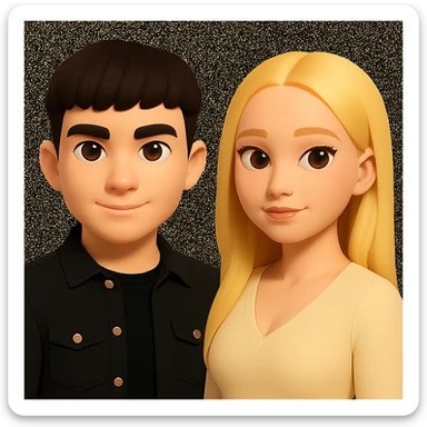 Slightly increase the volume of the upper body of the girl, separate the girl and the boy from each other, and make the skin color the same for both characters. Maintain the cartoonish 3D style in the image. sticker