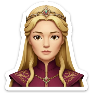 Cinematic Realistic Cersei Lannister Portrait, depicted with lifelike skin texture, subtle rosy undertones, and soft natural lighting that enhances the gentle contours of her face. Her intricately detailed golden blonde hair is elegantly styled , sticker