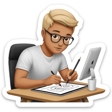 designer drawing in a digital table with his computer sticker