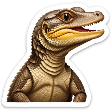 Cinematic Cute Yawning brown camo spotted monitor Lizard Portrait Emoji, Head tilted slightly with a dramatic, wide-open yawn, showcasing textured, patterned scales and sleepy, half-closed eyes exuding relaxed charm, Simplified yet irresistibly adorable features, highly detailed, glowing with a soft, cozy glow, high shine, relaxed yet expressive, stylized with a dash of whimsical wildness, soft glowing outline, capturing the essence of a drowsy yet affectionate reptile that appears ready to stretch out for a nap! sticker