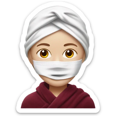 realistic white-skinned girl with a burgundy towel on her head and a white mask on her face sticker