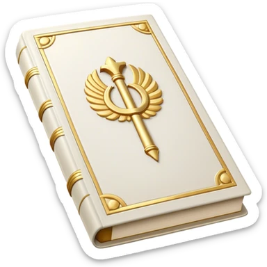 A white leather book with golden accents, smooth and polished, embossed with a symbol of six pillars columns,, radiating strength, confidence, and the power of self-worth.  sticker
