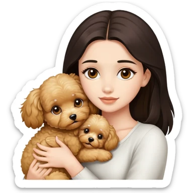 beautiful woman with dark long straight hair and brown eyes hugs a golden maltipoo sticker