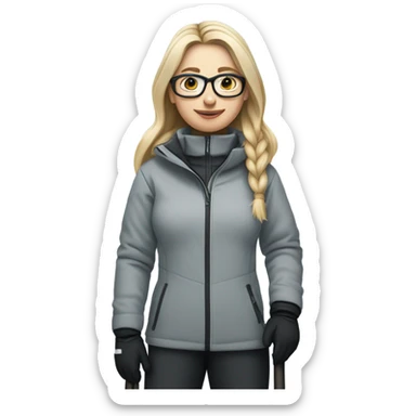 slightly chubby full female skier with long straight blonde hair, glasses, grey snow jacket, black pants and black skis. no poles. show full body front on without braids in hair. sticker