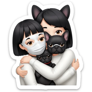 girl with short black straight bangs hair wearing a white mask and hugging one black French bulldoge  sticker