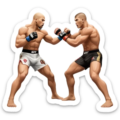 wo MMA fighters in the octagon, one delivering a strong punch while the other defends with a guard. The background shows the UFC octagon with the crowd in the distance. Transparent background emphasizes the dynamic intensity and skill of mixed martial arts. sticker