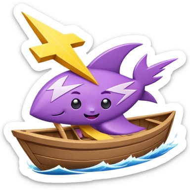 a buff purple anthropamorphic lightning bolt sailing away on a boat sticker