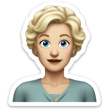 widow with blonde, a little longer than shoulder length hair with wispy bangs all across forehead and sides swept back from face, blue eyes,  60 years old, 180 pounds sticker