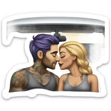 Hyper Realistic gorgeous woman and handsome tattooed man kissing in the front seat of a car sticker