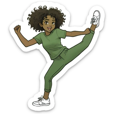 a smiling black girl with curly hair and brown eyes, kicking her feet sticker