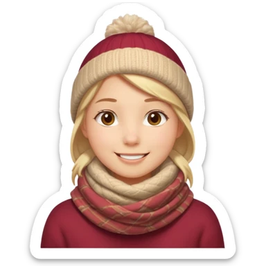 Fantasy human portrait emoji, warm winter scarf around neck, cozy holiday mood, slightly rosy cheeks, simple clean design, no hat, readable emoji style, male/female variant
 sticker