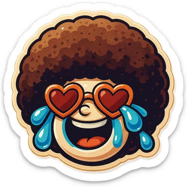 White circle face, afro, heart glasses, laughing with large tears sticker