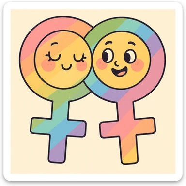 gay pride two interlocked female symbols, rainbow gradient, pastel toon style sticker