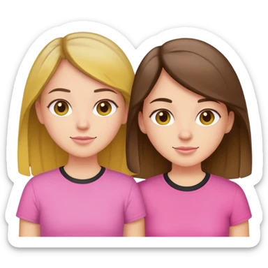 Two best friends one light brunette and the other brunette’s with highlights. Both are white. The first one is wearing a yellow shirt and the other a pink  sticker