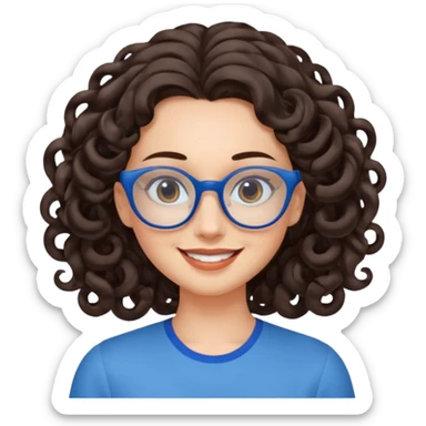 woman with large forehead, long dark brown spiral curled hair, blue glasses, smiling with head tilted sticker
