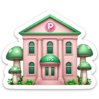 Pale Pink and green cute bank building, mushrooms growing around it , clean aesthetic, two PP letters on it sticker
