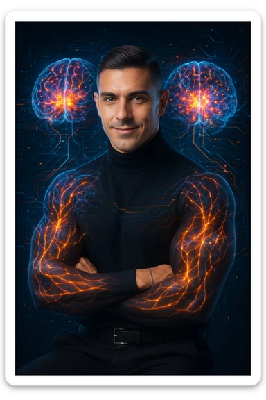 "Neuroscientist using advanced visualization to reprogram muscle development pathways, brain scans showing neural networks firing to stimulate muscle growth, expression of scientific breakthrough, his body responding to optimized mental training protocols, muscle memory being created without physical movement, consciousness hacking biological systems for muscle development" sticker
