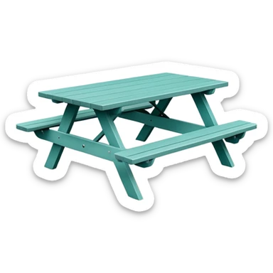 simple rectangular picnic table with attached benches, soft teal color, straight vertical legs, small wheels underneath, flat wood-style silhouette, muted teal tone, clean geometry, minimal shading, slightly theatrical sticker