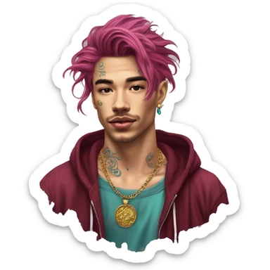 Vintage grunge patina intricate swirls gold jewellery baroque golden sparkle tropical Deep pink maroon burgundy cyan dark hoodie man dyed hair gold piercings nose piercing ear piercings sticker