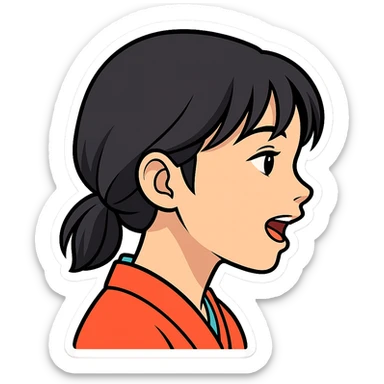 Asian girl profile, left side, talking, with a different hairstyle, in the style of sticker, no background sticker