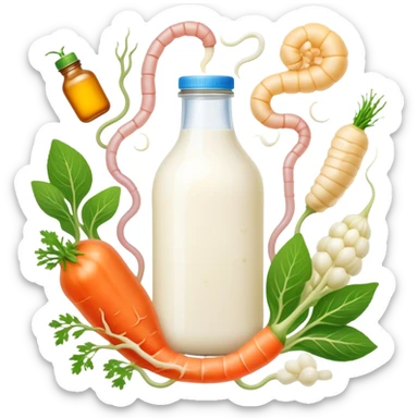Probiotic foods (yogurt, kefir, kombucha bottle, miso, kimchi, sauerkraut) surrounding a glowing intestinal system. Tiny beneficial bacteria represented as golden particles flow between the foods and the intestine, creating a garden-like ecosystem of inner harmony and health. sticker