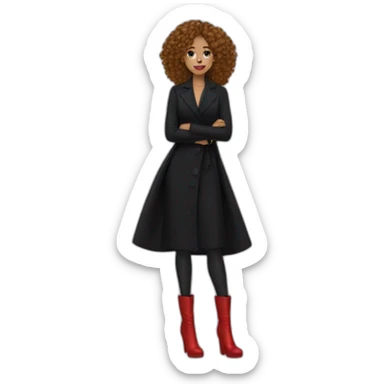 a woman with a long black dress, red boots, black coat, red bag, gold jewelry, curly hair, blue eyes sticker