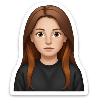A 38 year old white woman with long brunette hair parted in the middle. She has a nose ring. She has brown eyes. She has freckles and is wearing a black sweatshirt sticker