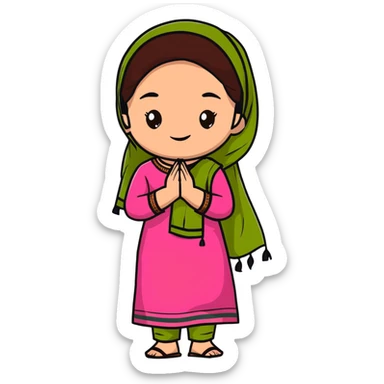 girl with light wheatish skin, dark brown hair, wearing dark pink kurti with sage green dupatta on head sticker