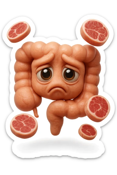 emoji stile iphone in 3d di un intestino triste con fette di carne che gli fluttuano intorno, gli occhi falli con la parte bianca pure, iperrealistico 4k sticker