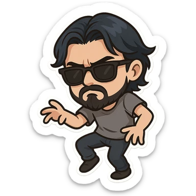 a dark brooding hipster with electric dark blue hair, surfer middle part, chin length hair, classic neat trimmed bushy goatee, black classic rayban shades, plain gray t-shirt, doing the gimmie dance, maniac dance, 1980's dance sticker