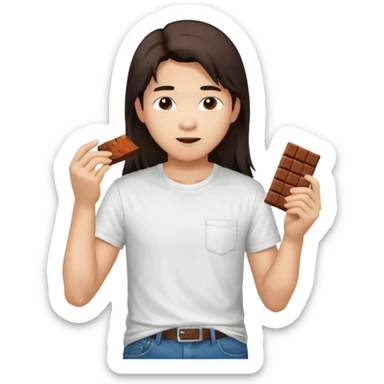 long haired Asian person eating chocolate, wearing white T-shirt and jeans sticker