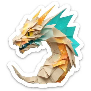 Sparkling patterned Beige Origami dragon with a dried flower crown made of newspapers intricate patterns surrounded by fairy lights nebula galaxy stars swirls iridescent orange cyan yellow sticker